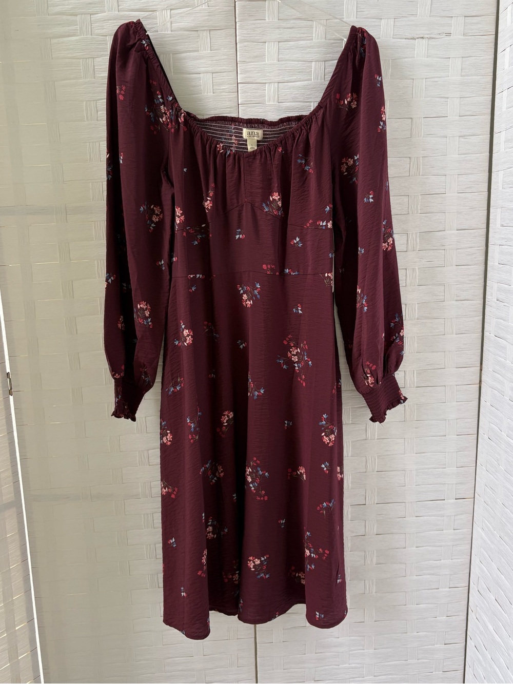 a.n.a Size L Wine Floral Long Sleeve Square Neck Dress Smocking Pockets Fall
